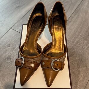 Coach Tan and Brown Pointed-Toe Buckle Pumps